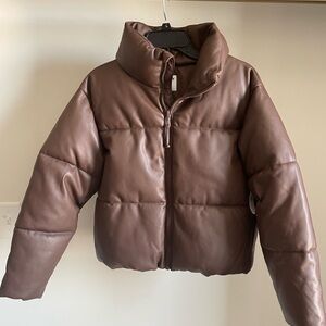Faux Leather Cropped Puffer Coat